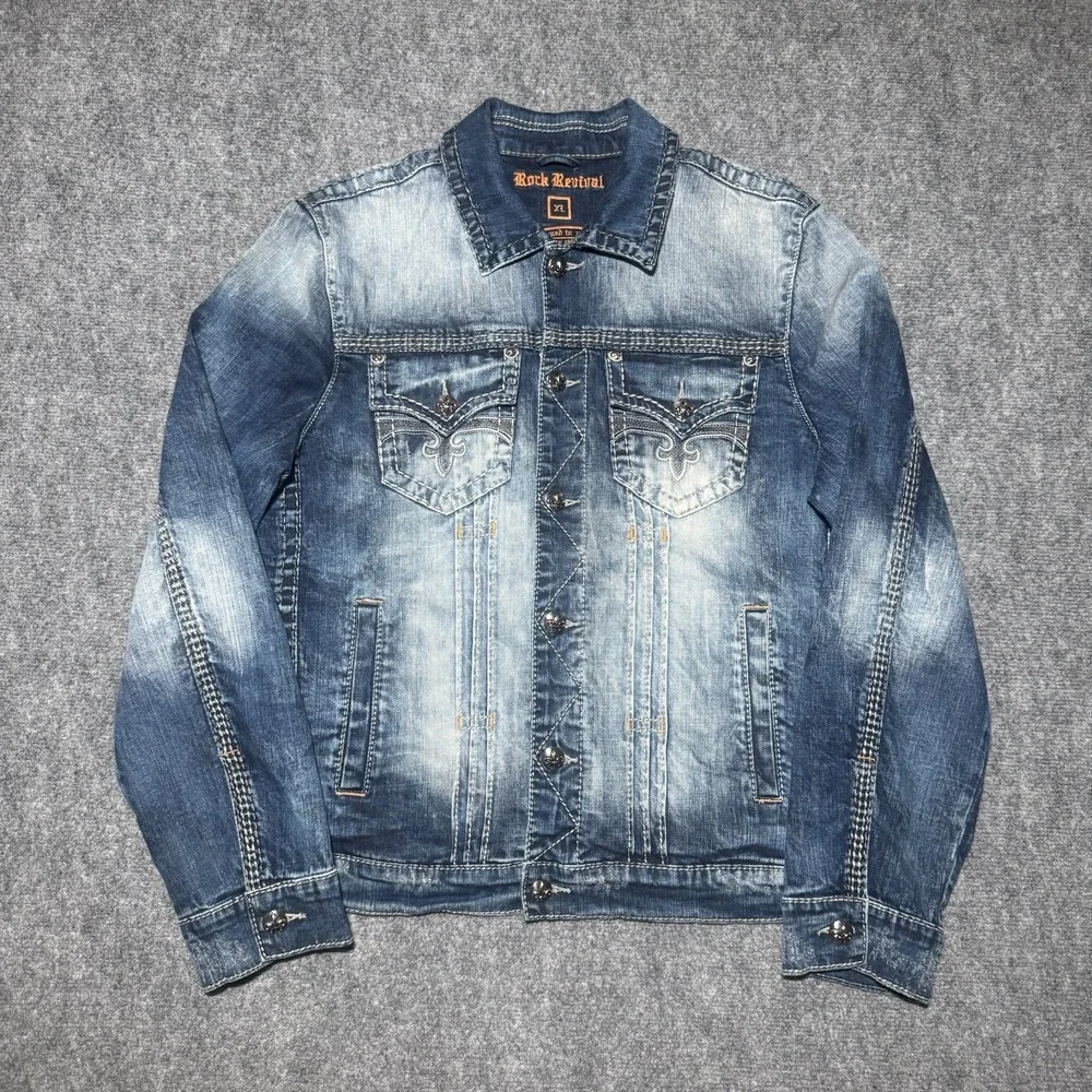 Rock Revival Men XL Jacket Blue Faded Denim Collar Grunge Y2K Biker Distressed